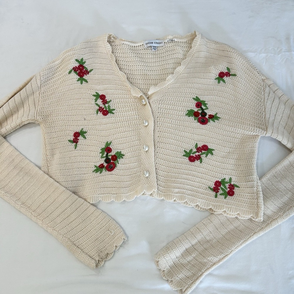 Cropped Cream Ivory Knit Cardigan Cottage Fairy Nature Embroidered Floral S/M